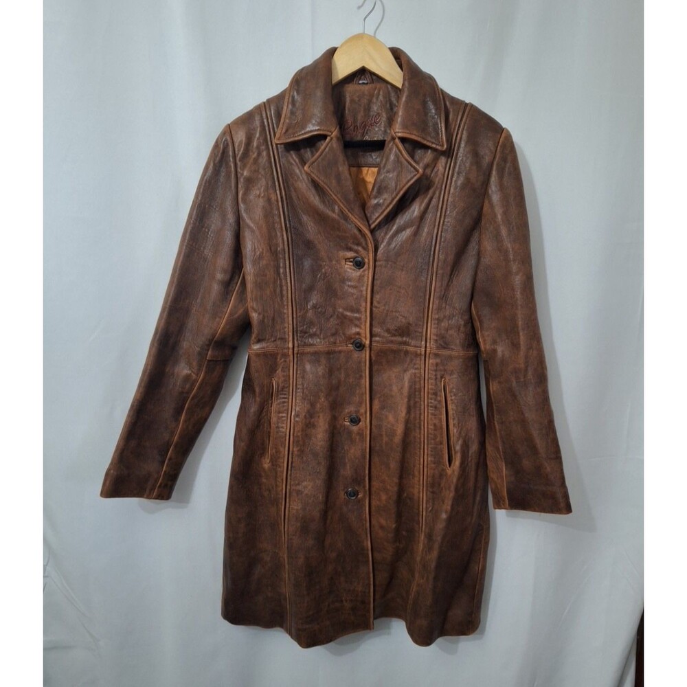 Rogue Leather Womens Genuine Leather Coat Sz M Brown Long Button Up Pockets Y2K - Picture 5 of 15